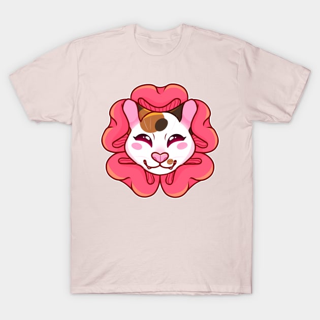 Calico Cat with Pink Flower T-Shirt by leashonlife